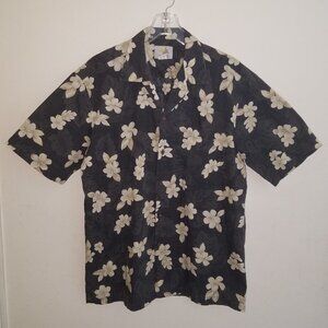 Ho Aloha Hawaiian Shirt Men's Large Black Gray Tan Floral Button Front Hawaii